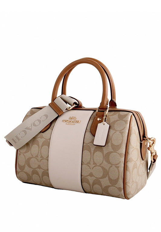 Coach Rowan Satchel In Signature Canvas With Stripe - Light Brown/White